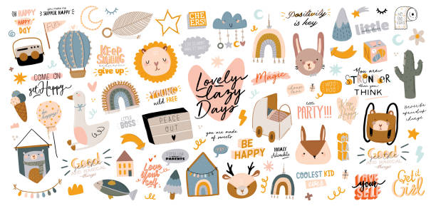 Cute kids scandinavian characters set including trendy quotes and cool animal decorative hand drawn elements Cute kids scandinavian characters set including trendy quotes and cool animal decorative hand drawn elements. Cartoon doodle illustration for baby shower, nursery room decor, children design. Vector. kid stickers stock illustrations