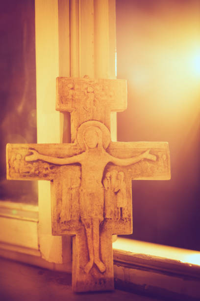Holy Cross in Window. No people. Close shot. Krakow in Poland.