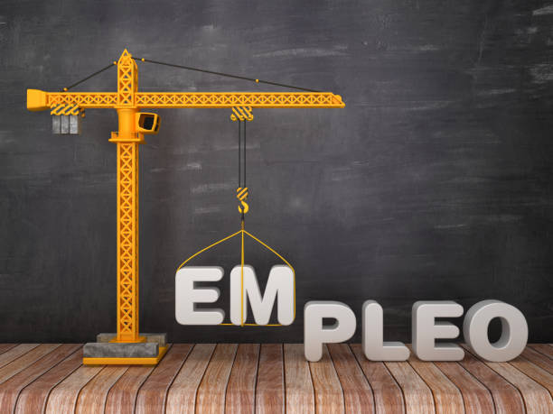 istock Tower Crane with EMPLEO Word - Spanish Word - Chalkboard Background - 3D Rendering 1218712725