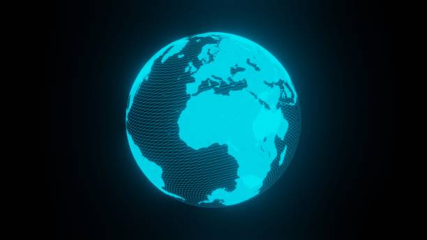 istock Earth Hologram Rotating Seamless with Counting Years Flying in Cyberspace Structure Around Globe. Futuristic Business and Technology , 3d illustration 1218714872