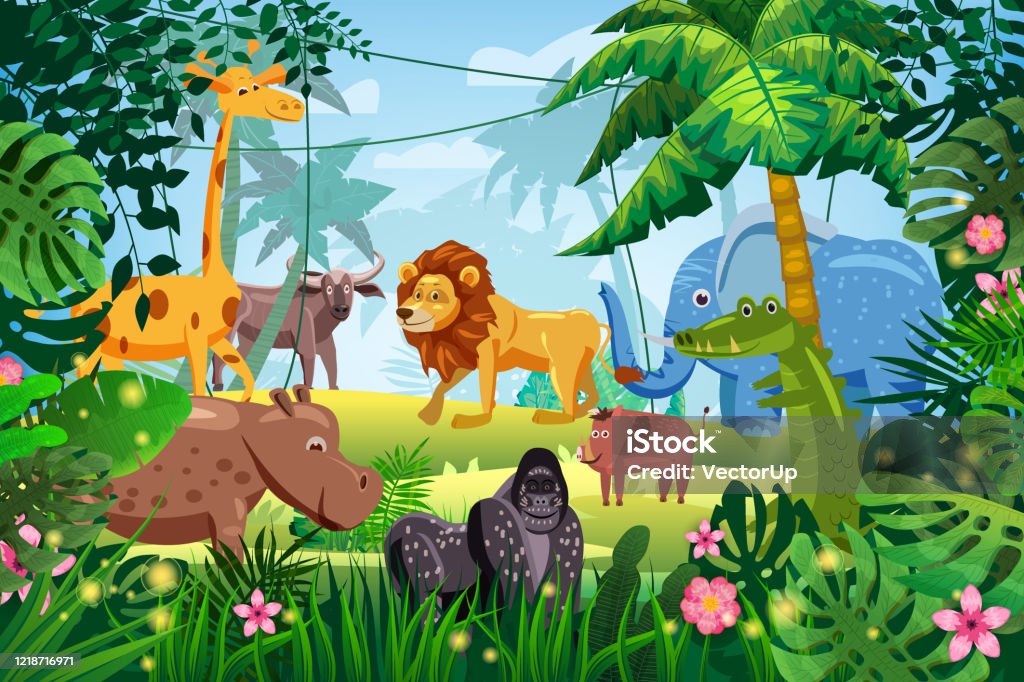 Ilustración de Lindo Set Animales En Selva Tropical Selva Bosque Tropical Paisaje De Fondo León Jirafa Gorila Hipopótamo Elefant Buffolo Cocodrilo Cerdo De Jabalí Palmeras Flores De Flora Exótica Estilo De Dibujos Ilustración de Lindo Set Animales En Selva Tropical Selva Bosque Tropical Paisaje De Fondo León Jirafa Gorila Hipopótamo Elefant Buffolo Cocodrilo Cerdo De Jabalí Palmeras Flores De Flora Exótica Estilo De Dibujos