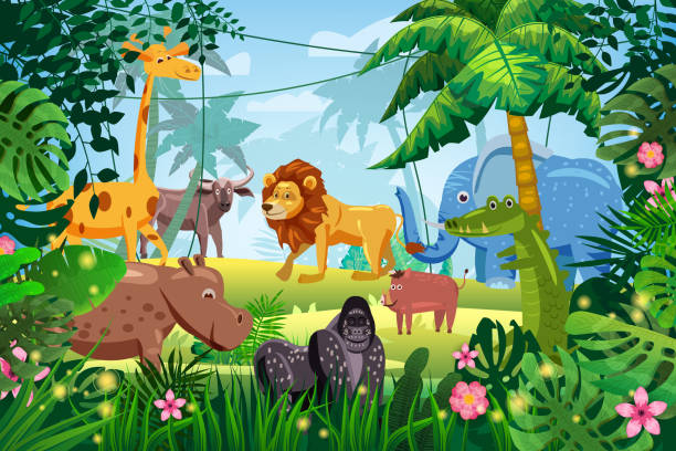 Cute Set Animals in Jungle tropical rainforest background landscape. Lion, giraffe, gorilla, hippo, elefant, buffolo, crocodile, warthog pig. Palm trees exotic flora flowers. Vector isolated cartoon style Cute Set Animals in Jungle tropical rainforest background landscape. Lion, giraffe, gorilla, hippo, elefant, buffolo, crocodile warthog pig elefant stock illustrations