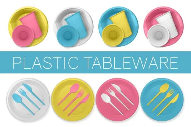 Vector illustration of Set of realistic varicolored plastic dishes. Disposable tableware