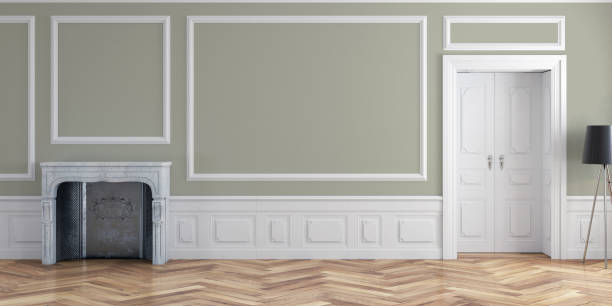istock Empty glamour antique living room with decoration and fireplace left 1218717866