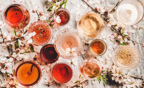 posa piatta di vino rosato in diversi colori in bicchieri - uva zinfandel foto e immagini stock