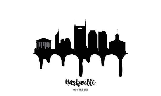 Nashville Tennessee USA black skyline silhouette vector illustration on white background with dripping ink effect. Landmarks and iconic buildings of the city, easily editable nashville stock illustrations
