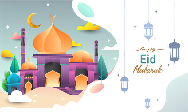 Happy Eid Mubarak Greeting Card Illustration Ramadan Kareem Cartoon Vector  For Islamic Festival For Banner Poster Background And Sale Background Stock  Illustration - Download Image Now - iStock