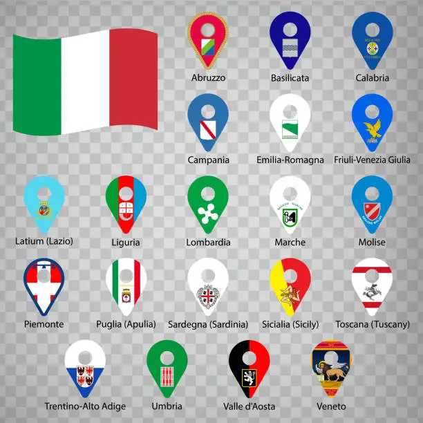 Vector illustration of Twenty flags of Italy  - alphabetical order with name.  Set of 2d geolocation signs like flags lands of Italy. Twenty geolocation signs for your design, logo app, UI. EPS10.