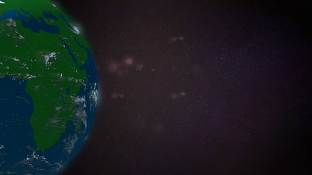 istock Absract planet with green continents spinning on the side of starry screen. 1218721174