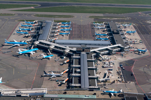 luftaufnahme von flugzeugen der klm royal dutch airlines am flughafen schiphol während der corona-krise. - boeing 747 stock-fotos und bilder