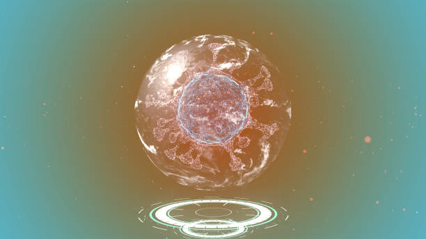 istock Cell virus deflates and dies inside a sphere over glowing light background. 1218721340