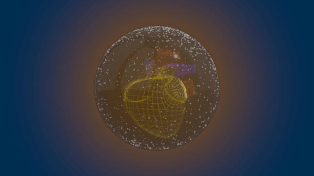 istock 3D holographic heart inside futuristic sphere illuminating light over blue background. 1218721441