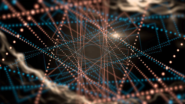 istock Abstract visualization of colorful laser rays chaotically crossed over black background. 1218721566