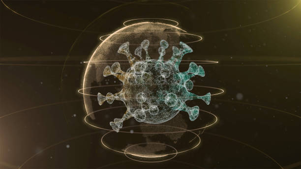 Global epidemic health care media and information network. 3d render of glowing virus model floating over digital background. Global epidemic health care media and information network. Glowing virus model floating over digital background. deformed stock pictures, royalty-free photos & images