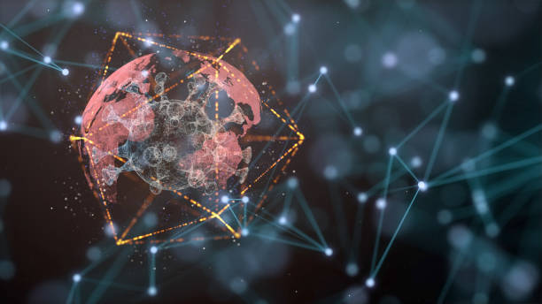 istock Dangerous virus floating and growing over black background with defocused glowing plexus net. 1218721588