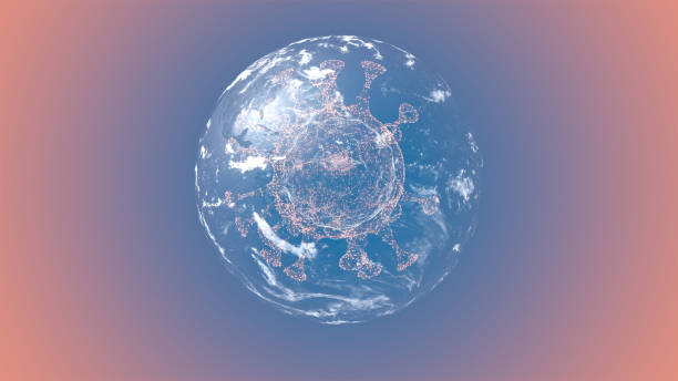 istock 3d render of virus forming inside translucent sphere with alpha channel over nebula background. 1218721620