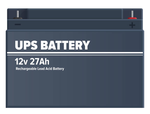 Ups Rechargeable Lead-Acid Battery Isolated Vector Ups rechargeable lead-acid battery isolated. Automotive industrial charging device vector illustration. Dark blue source of energy for recharge of electronic devices, metal plate in flat design ups power supply stock illustrations