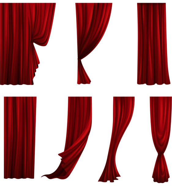 ilustraciones, imágenes clip art, dibujos animados e iconos de stock de colección de diferentes cortinas de teatro. cortinas de terciopelo rojo - estreno