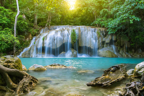 chute d’eau niveau 2, parc national d’erawan, kanchanaburi, thaïlande - waterfall tropical rainforest erawan thailand photos et images de collection