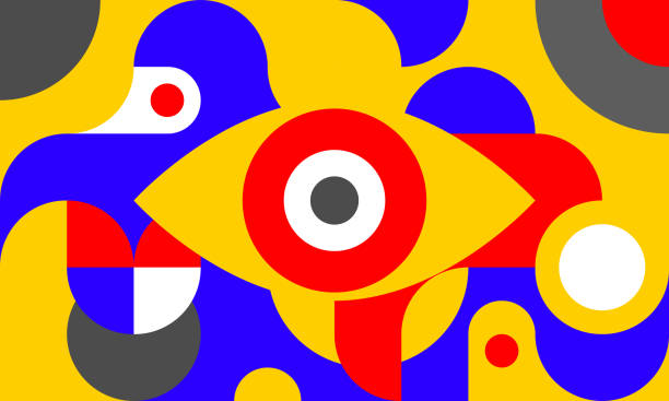 Background with eye Funky background in bauhaus style with eye, curves and circles, retro poster with geometric shapes in style of 80s, fashion vector minimal pattern. cubist style stock illustrations
