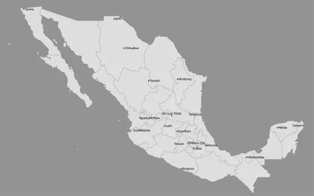 Vector illustration of Highly Detailed Political Mexico Map, Main Cities