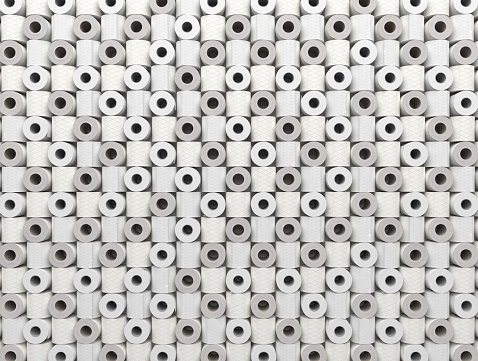 Many rolls of toilet paper are lined in a row. Background from toilet paper. 3D render