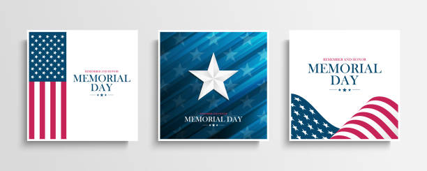 USA Memorial Day greeting cards collection with Silver Star and United States national flag. Remember and honor. United States national holiday. USA Memorial Day greeting cards collection with Silver Star and United States national flag. Remember and honor. United States national holiday vector illustration. american flag illustrations stock illustrations