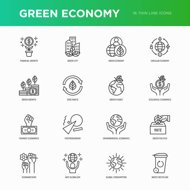 illustrazioni stock, clip art, cartoni animati e icone di tendenza di set di icone a linea sottile della green economy: crescita finanziaria, città verde, zero sprechi, economia circolare, politica verde, anti-globalismo, consumi globali. illustrazione vettoriale per questioni ambientali. - green economy