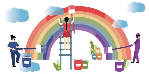 illustrazioni stock, clip art, cartoni animati e icone di tendenza di hope coronavirus rainbow concept. slogan motivazionale andrà tutto bene, ok. le persone dipingono insieme l'arcobaleno come simbolo per superare l'epidemia. - hand sign human hand ok sign grass