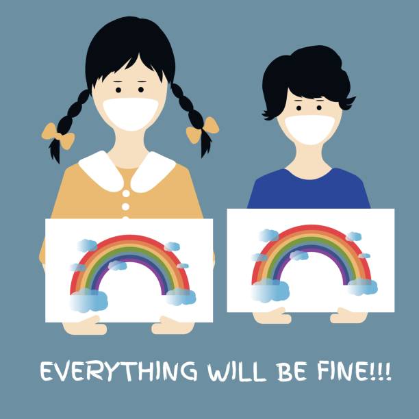 illustrazioni stock, clip art, cartoni animati e icone di tendenza di hope coronavirus rainbow concept. slogan motivazionale andrà tutto bene, ok. bambini in maschere che tengono dipinti arcobaleno come simbolo di vittoria sul virus. - hand sign human hand ok sign grass