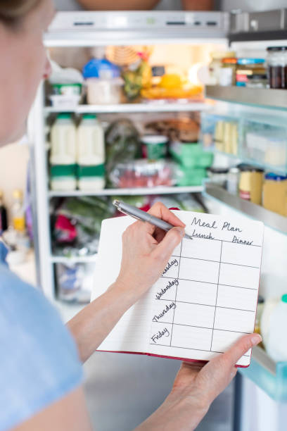 istock Woman Standing In Front Of Refrigerator In Kitchen With Notebook Writing Weekly Meal Plan 1218728205