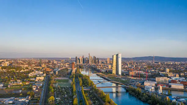 Aerial picture of Frankfurt skyline and European Central Bank building during sunrise