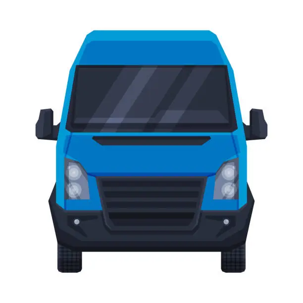 Vector illustration of Front View of Blue Minibus for Passenger or Cargo Transportation, Minivan Auto Vehicle Flat Vector Illustration