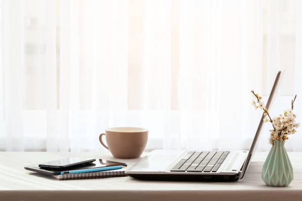 istock Design Office Workplace with laptop and copy space working from home. 1218730222