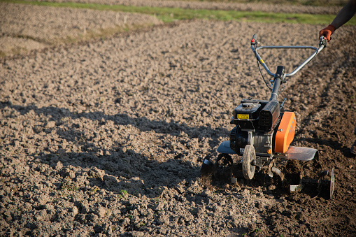 small orange plowing machine in hands of a farmer making arable in black soil