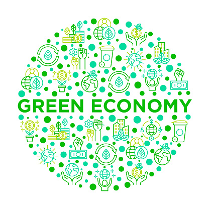 Green economy concept in circle with thin line icons: financial growth, green city, zero waste, circular economy, green politics, anti-globalism, global consumption. Vector illustration for environmental issues.