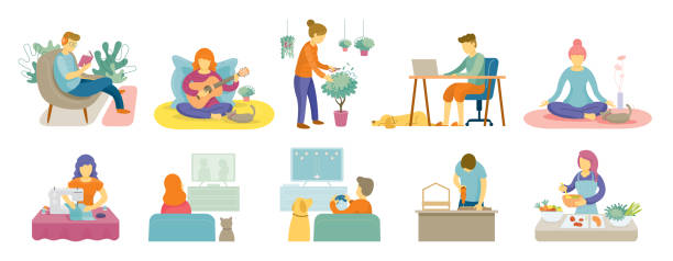 Quarantine, Stay at Home Activities Listening, Gardening, Yoga, Working, Watching, Cooking, Sewing, Playing and Listening Music stay at home order stock illustrations