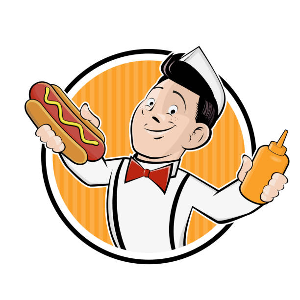 bildbanksillustrationer, clip art samt tecknat material och ikoner med rolig tecknad korv logotyp vektor illustration - hotdog