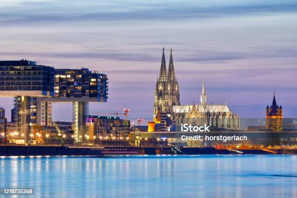Rheinauhafen And Cologne Cathedral At Night Stock Photo - Download Image Now - Cologne, Cologne Cathedral, Night