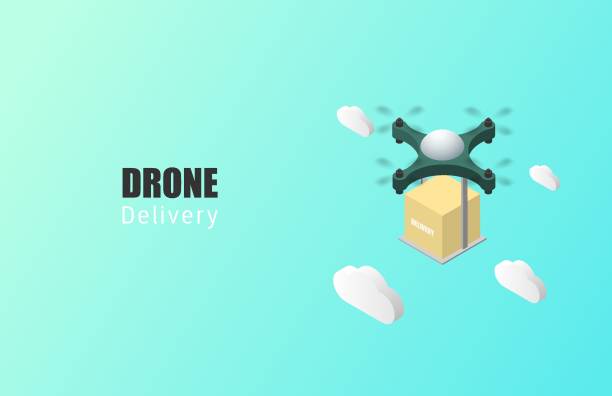 illustrazioni stock, clip art, cartoni animati e icone di tendenza di poster o banner del concetto di consegna dei droni con drone isometrico che trasporta pacchi in aria. - helicopter air vehicle business cargo container