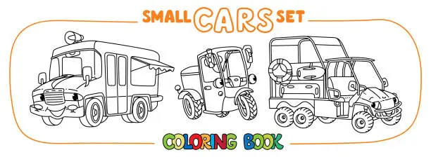 Vector illustration of Funny small cars with eyes. Coloring book set