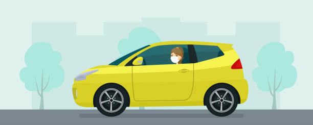 ilustraciones, imágenes clip art, dibujos animados e iconos de stock de coche hatchback compacto con una mujer joven con máscara médica conduciendo sobre un fondo de paisaje urbano abstracto. ilustración de estilo plano vectorial. - coche pequeño