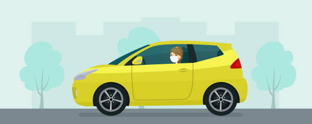 Compact hatchback car with a young woman in medical mask driving on a background of abstract cityscape. Vector flat style illustration. Compact hatchback car with a young woman in medical mask driving on a background of abstract cityscape. Vector flat style illustration. side view illustrations stock illustrations