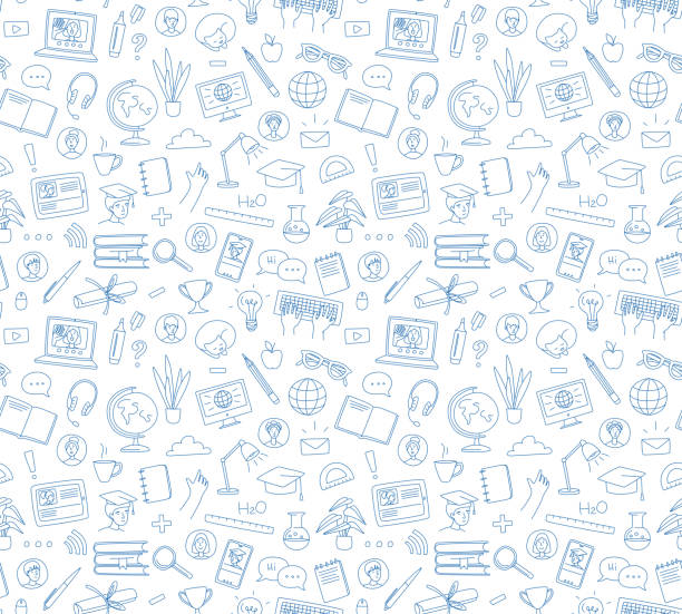 illustrazioni stock, clip art, cartoni animati e icone di tendenza di apprendimento online, chat di videochiamata di e-learning con classe. istruzione a distanza - scarabocchio motivo ornamentale illustrazioni