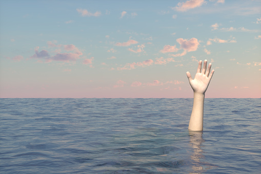 3d rendering of Hand of sinking man on the sea. Rescue concept. Wavy sea and sky.