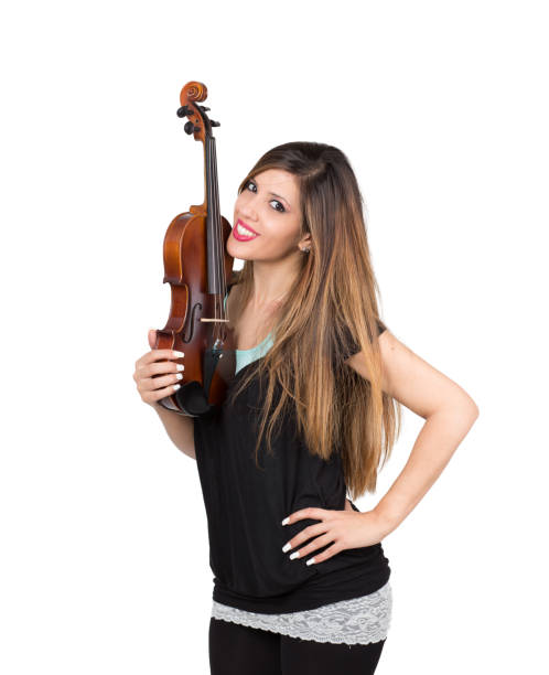 smiling beautiful woman with her violin in hand