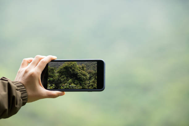 istock Hiker hands taking picture with mobile phone in spring nature 1218741919