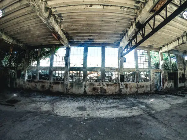 Interior view of industrial ruins in the old communist prison, Croatian Alcatraz. Naked Island, Croatia.