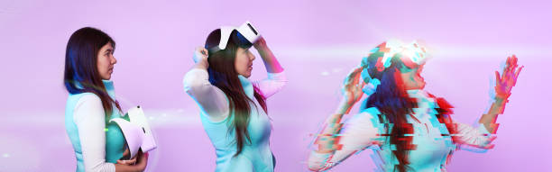 istock Woman wearing virtual reality headset. Image with glitch effect 1218743472