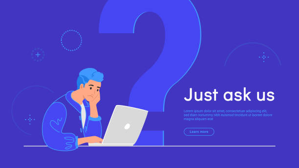 Upset and bored teenager sitting with laptop and big question symbol behind Upset and bored teenager sitting with laptop and big question symbol behind. Flat vector illustration of student needs a prfessional help or advice on community. Young man waiting hepldesk service melancholy computer support specialist stock illustrations